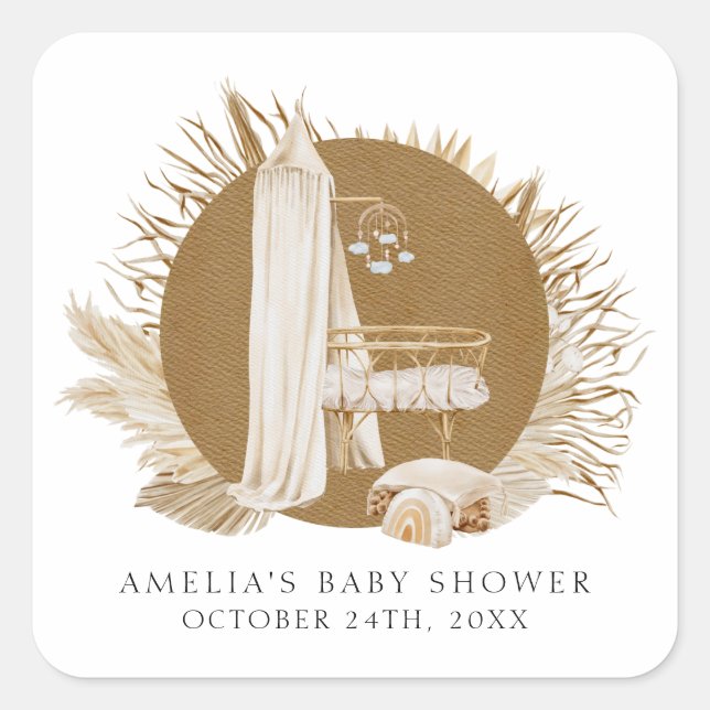 Boho Florals Baby Shower Quadratischer Aufkleber (Vorderseite)