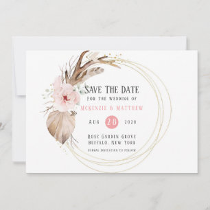 Boho Florals & Deer Antlers speichern die Datumska Einladung