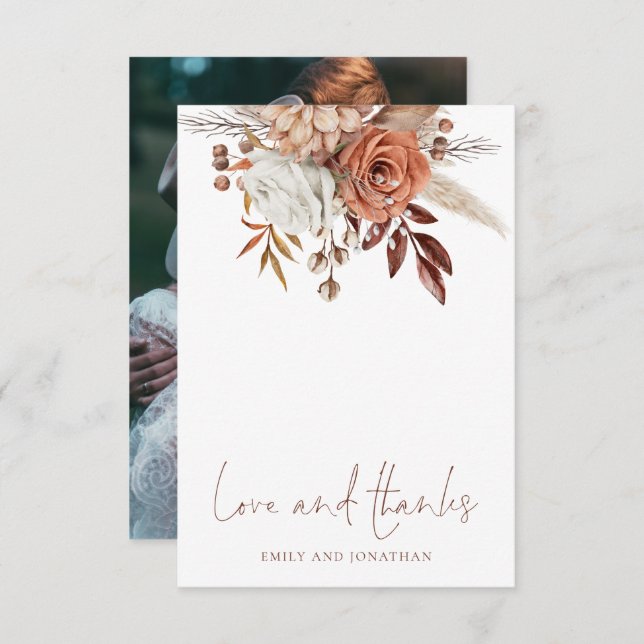 Boho Florals Foto Liebe Dank Brown Text Wedding Dankeskarte (Vorne/Hinten)