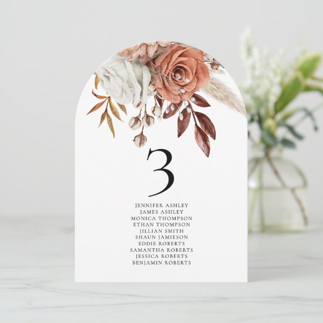 Boho Florals Guest Names QR Wedding Tischnummer (Stehend Vorderseite)