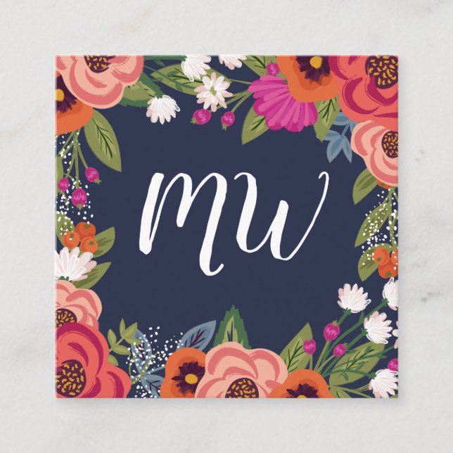 Boho Florals - Navy Blue & Coral - Mit Monogramm Quadratische Visitenkarte (Vorderseite)