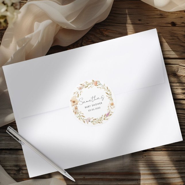 Boho Flower Baby Shower Runder Aufkleber (Boho Flower Baby Shower Custom Classic Round Sticker with your Name & Date. For Baby Girl & Baby Boy)