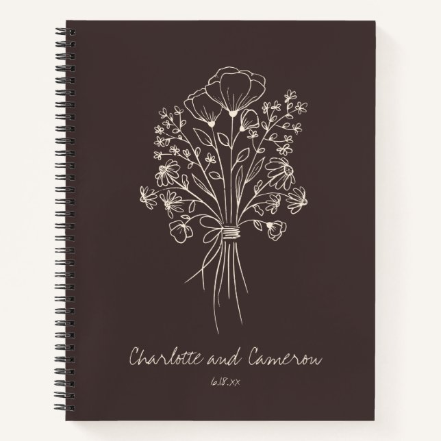 Boho Flower Line Art Drawing Brown Custom Wedding Notizbuch (Vorderseite)
