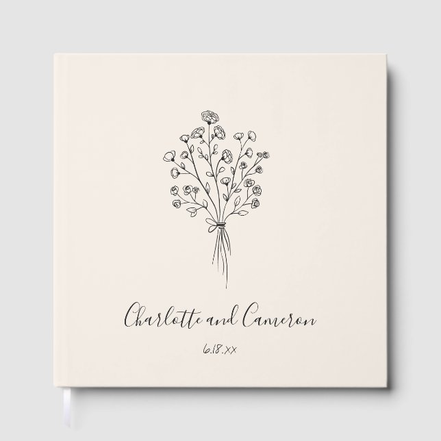 Boho Flower Line Art Drawing Custom Ivory Wedding  Gästebuch (Vorderseite)