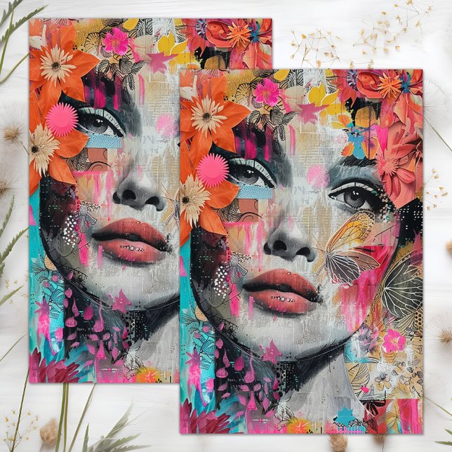 BOHO FLOWER MÄDCHEN DECOUPAGE TISSUPAPIER SEIDENPAPIER (BOHO FLOWER GIRL DECOUPAGE TISSUE PAPER)