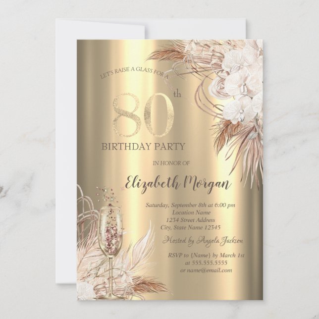 Boho Flowers,Champagne Glass Gold 80th Birthday Einladung (Vorderseite)