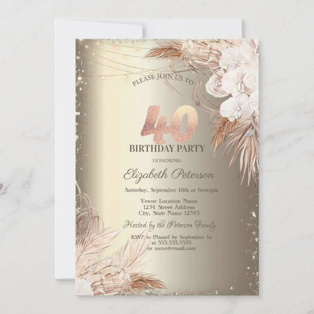 Boho Flowers,Lights Glitter Frame Gold 40th  Einladung (Vorderseite)