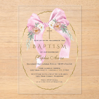 Boho Flowers Pink Bow Girl Baptism Transparent Acryleinladungen