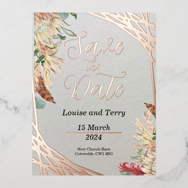 Boho & Foil Save the Date Folie Einladungspostkarte (Vorderseite)