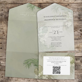 Boho Foliage Tropical Palm Blätter Haushalt QR Cod All In One Einladung