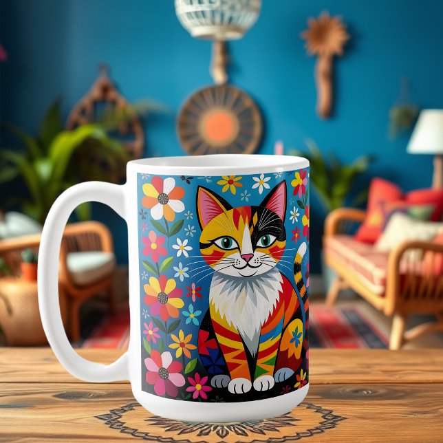 Boho Folk Art Cat, Flowers & Butterfly   Kaffeetasse (Von Creator hochgeladen)