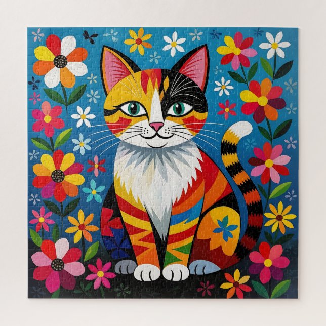 Boho Folk Art Cat, Flowers & Butterfly   Puzzle (Vertikal)