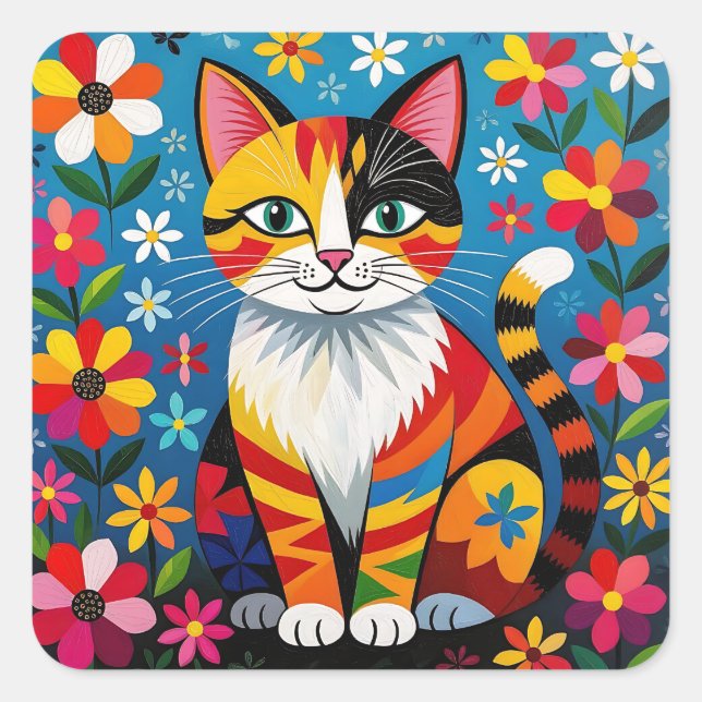 Boho Folk Art Cat, Flowers & Butterfly   Quadratischer Aufkleber (Vorderseite)