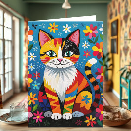 Boho-Folk-Art-Katze, Blumen & Schmetterling Geburt Karte