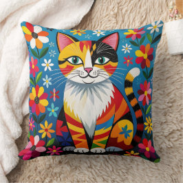 Boho-Folk-Art-Katze, Blumen & Schmetterling Kissen