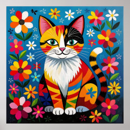 Boho-Folk-Art-Katze, Blumen & Schmetterling Poster