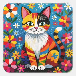 Boho-Folk-Art-Katze, Blumen & Schmetterling Quadratischer Aufkleber