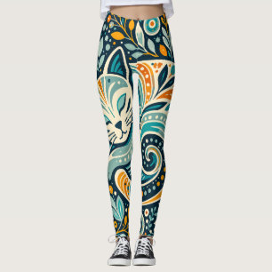 Boho-Folk-Art-Katzen-Leggings mit Blumenmuster Leggings