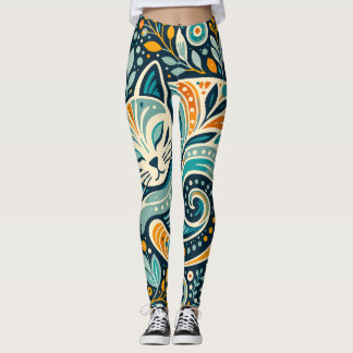 Boho-Folk-Art-Katzen-Leggings mit Blumenmuster Leggings