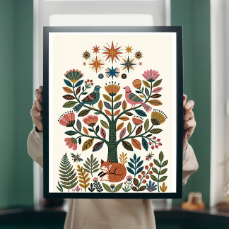 Boho-Folk-Art-Lebensbaum-Pfau-Himmels-Poster Poster
