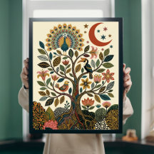 Boho-Folk-Art-Lebensbaum-Pfau-Himmels-Poster