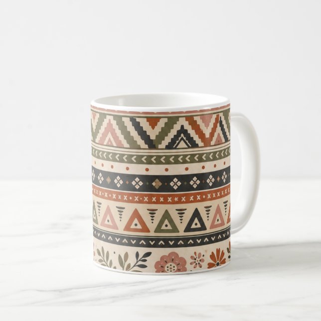 Boho-Folk-Blumen-Geometrisches Nahtloses Muster Kaffeetasse (VorderseiteRechts)