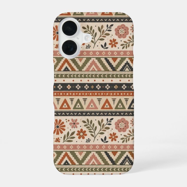 Boho Folk Floral Geometric Seamless Pattern iPhone 16 Hülle (Rückseite)