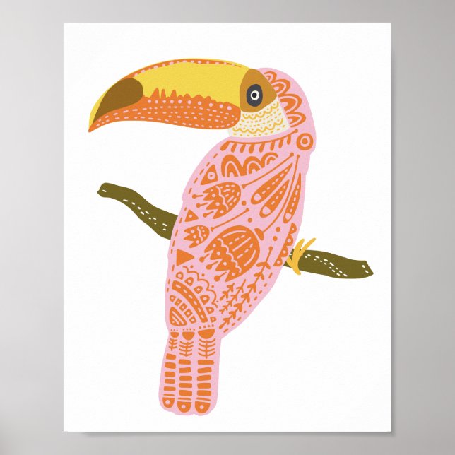 Boho Folk Floral Toucan Illustration in Rosa Poster (Vorne)