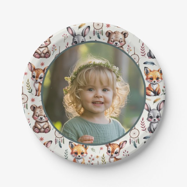 Boho Forest Animals Watercolor Kids Birthday Photo Pappteller (Vorderseite)