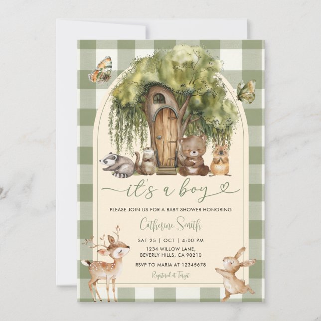 Boho forest wild animals baby shower Green Gingham Einladung (Vorderseite)
