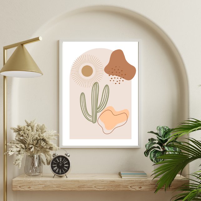 Boho Formen Abstrakt Beige Terracotta Poster (Boho Abstract Shapes Cactus Sun, Beige Brown Peach Terracotta Wall art poster print)
