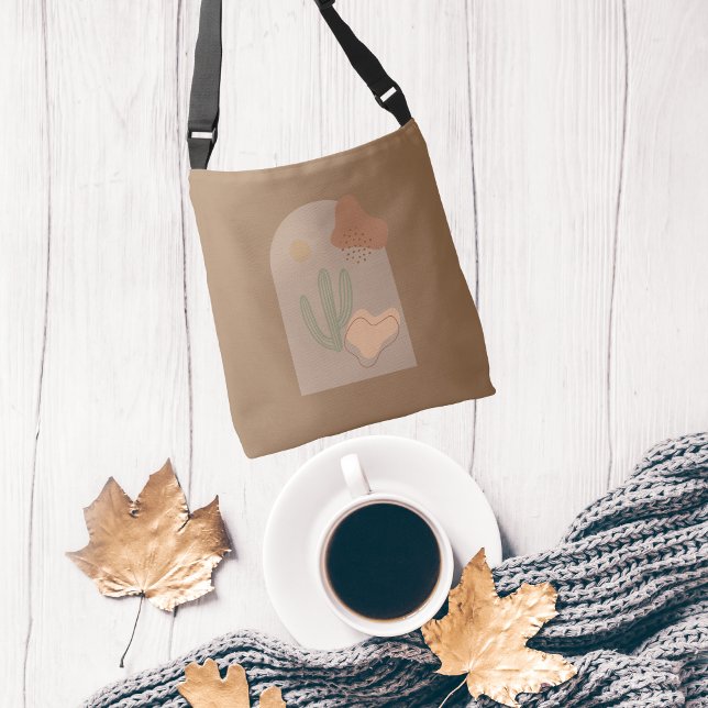 Boho Formen Abstrakt Beige Terracotta Tragetaschen Mit Langen Trägern (Boho Abstract Shapes Brown Tan Green Peach Cactus Cross body hand bag.)