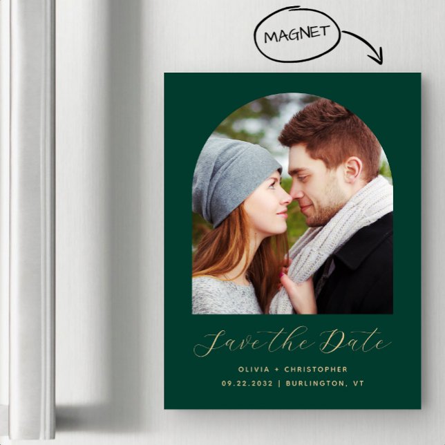 Boho Foto Arch Emerald Green Gold Save the Date Magneteinladung (Von Creator hochgeladen)