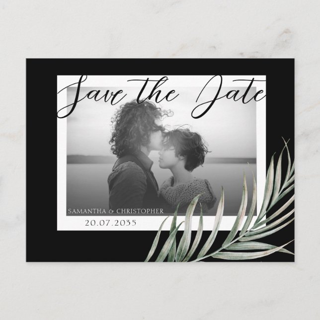 Boho Foto Foliage Black & White Save the Date Postkarte (Vorderseite)