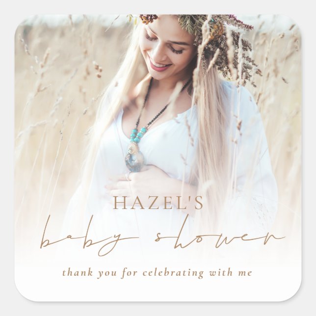 Boho Foto Overlay Gold Script Babydusche Danke Quadratischer Aufkleber (Vorderseite)