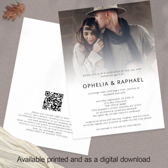 Boho Foto Overlay QR Code Bohemisch Hochzeit Einladung (Front and back view)