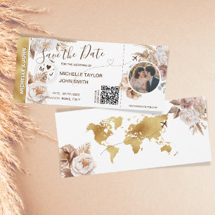 Boho Foto Save the Date Boarding Pass QR Code Einladung