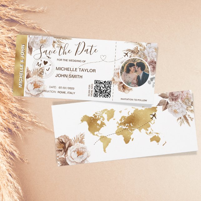 Boho Foto Save the Date Boarding Pass QR Code Einladung (boho pampas grass gold world map)
