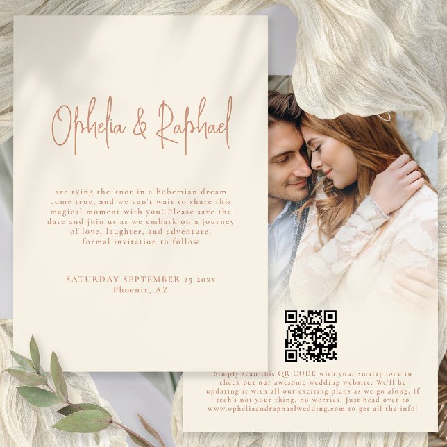 Boho Foto Script QR Wedding Terracotta Cream Save The Date (Front and back view. Available digitally and printed)