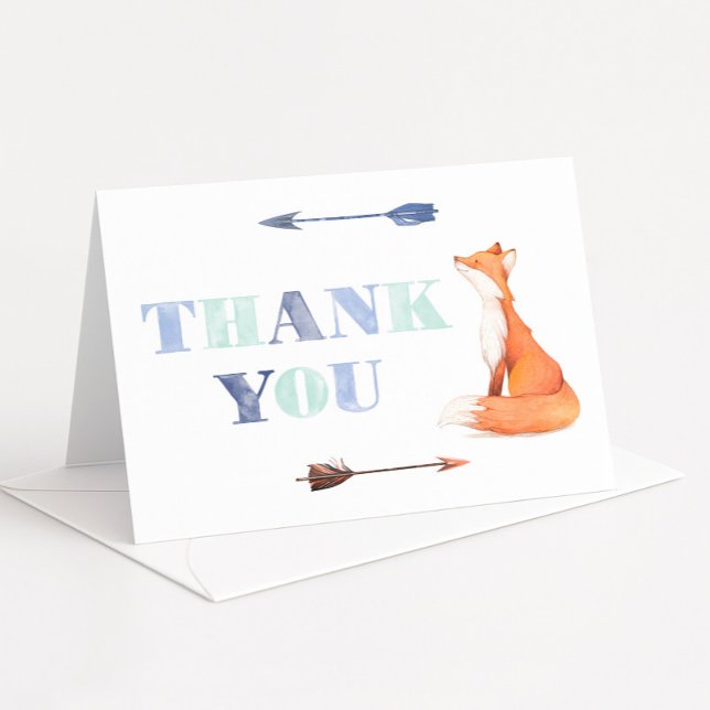 Boho Fox Birthday Orange und Blau Dankeskarte (Boho watercolor blue and orange thank you card design with cute fox)