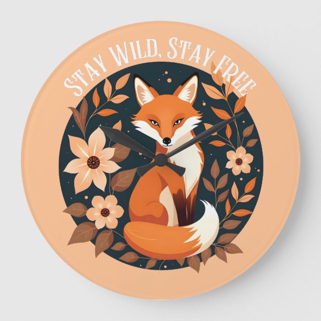Boho Fox "Bleibe Wild, Bleibe frei" Holzdesign Große Wanduhr (Vorderseite)
