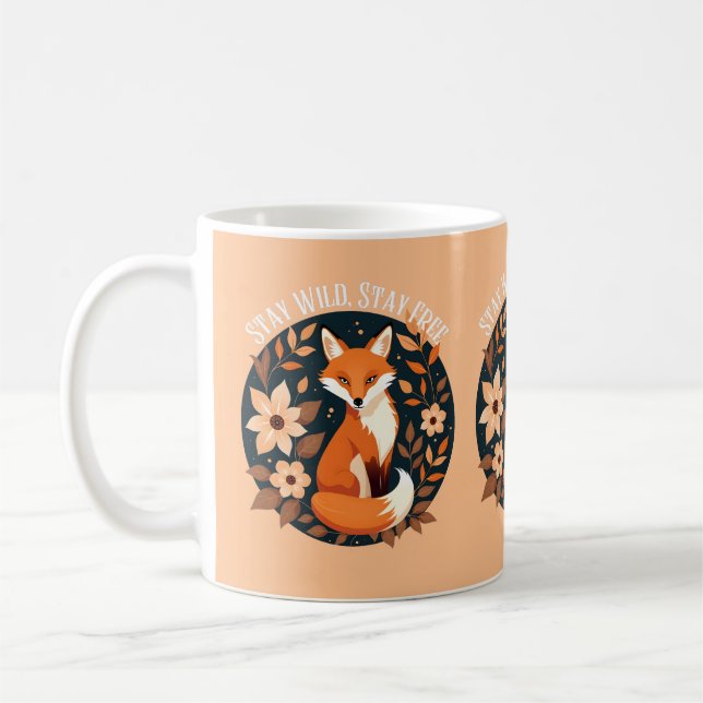 Boho Fox "Bleibe Wild, Bleibe frei" Holzdesign Kaffeetasse (Links)