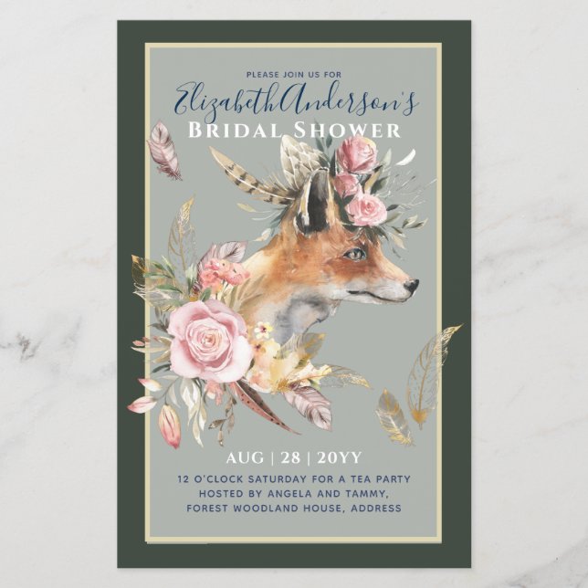 Boho FOX Brautparty Woodland Feathers Floral Flyer (Vorne)