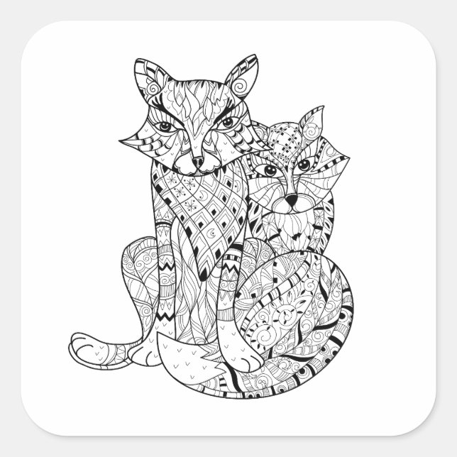 Boho Fox Doodle Quadratischer Aufkleber (Vorderseite)