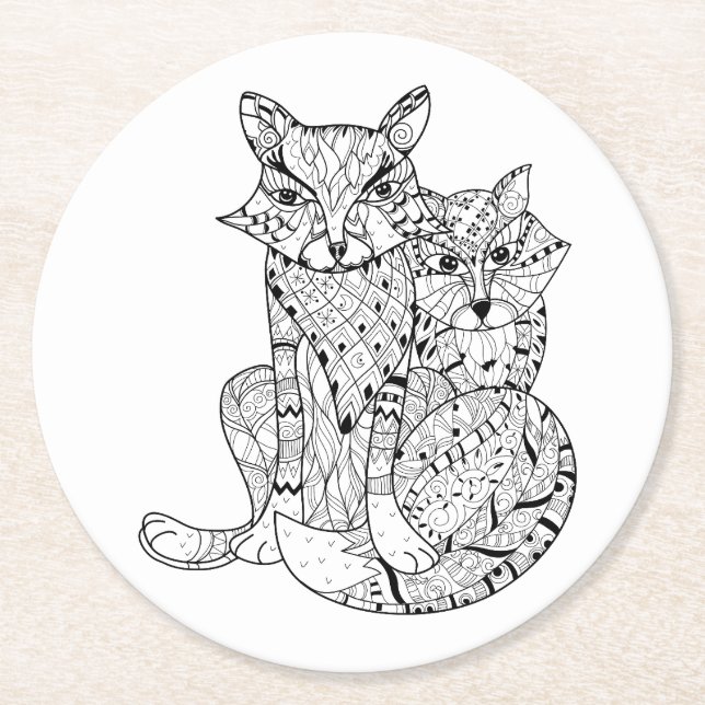 Boho Fox-Gekritzel Runder Pappuntersetzer (Vorderseite)