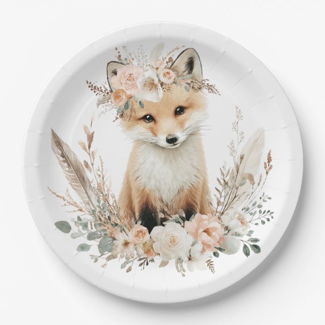 Boho Fox Girl Woodland Party Pappteller (Vorderseite)