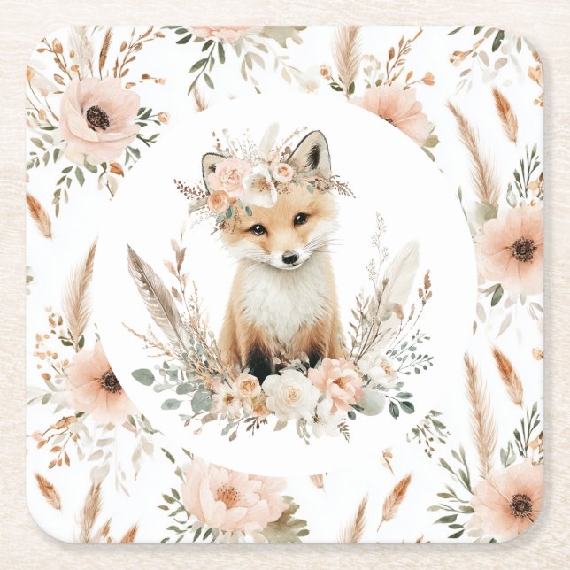 Boho Fox Girl Woodland Party Rechteckiger Pappuntersetzer (Vorderseite)