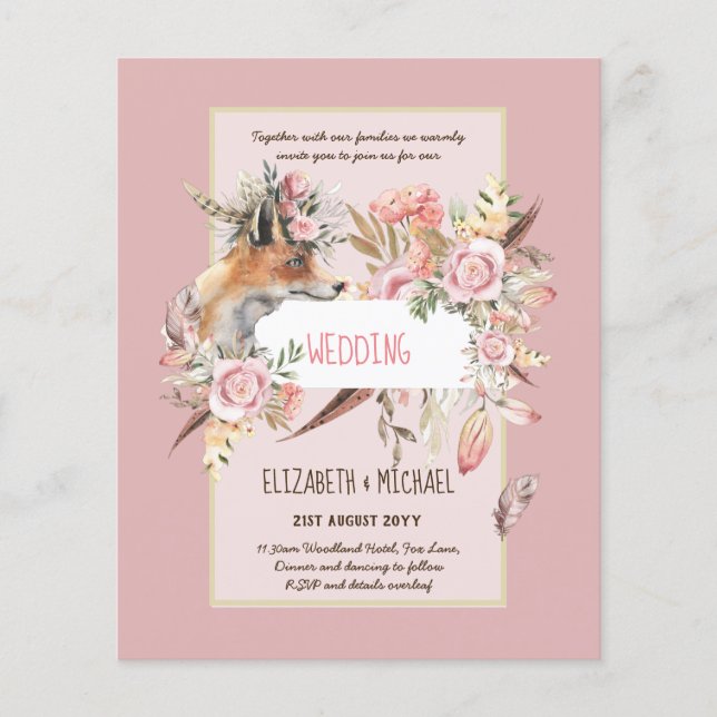 BOHO Fox Hochzeiten Einladungen Burgundy Pink Feat Flyer (Vorne)