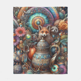 Boho Fox Raccoon Floral Design Fleecedecke