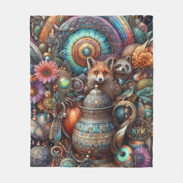 Boho Fox Raccoon Floral Design Fleecedecke (Vorderseite)